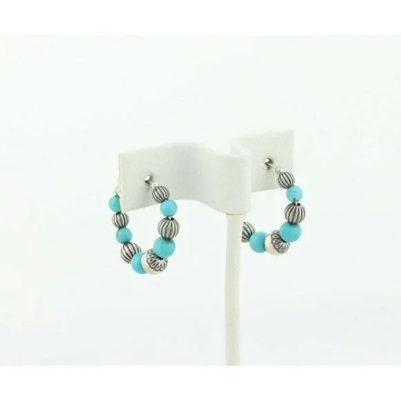 Sterling Silver Created Turquoise Bead Hoop Earrings - Picture 4 of 7